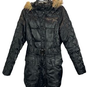 Lane Bryant Puffer Belted Coat Faux Fur Hood Black SZ 18/20